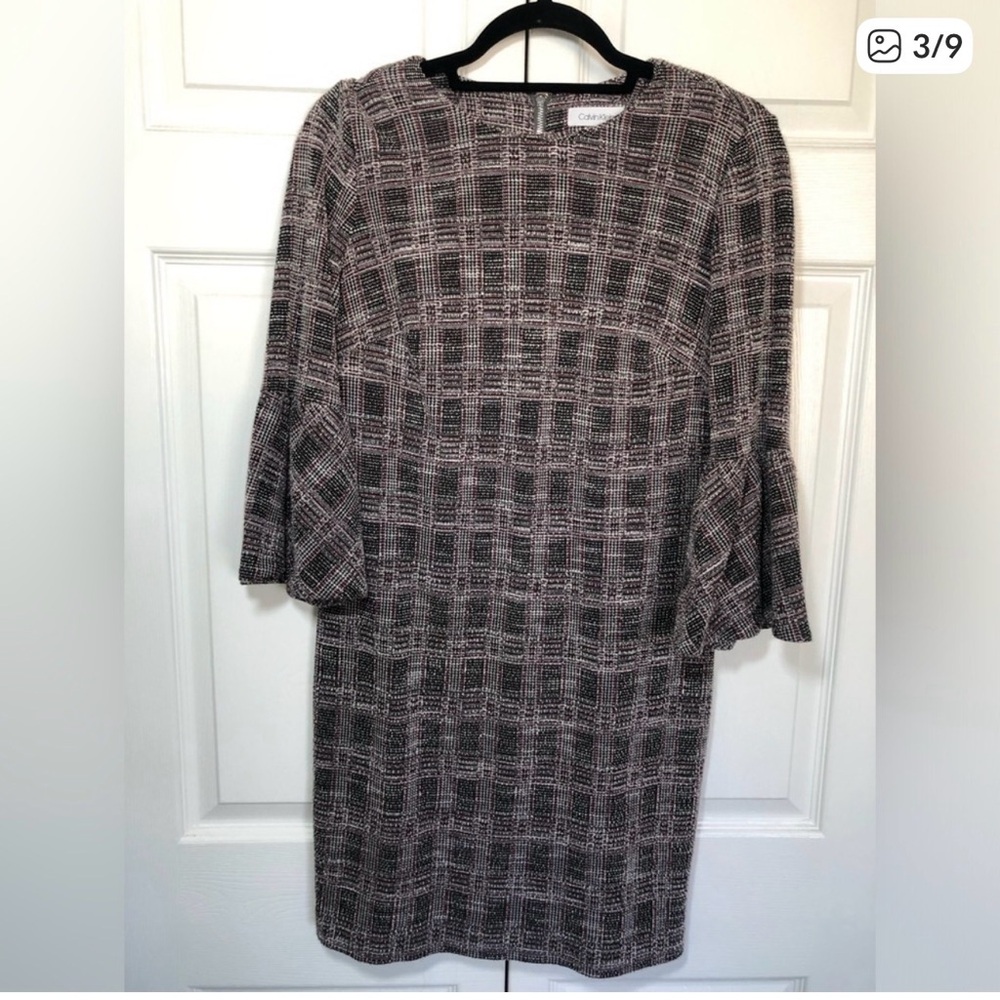 Calvin Klein Purple Plaid 3/4 Bell Sleeve Shift Dress Size 4